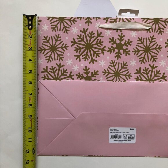 Paper gift bags, Pink with Gold & White snowflakes, set of nine, 16"x7"x12.75" - Picture 3 of 5